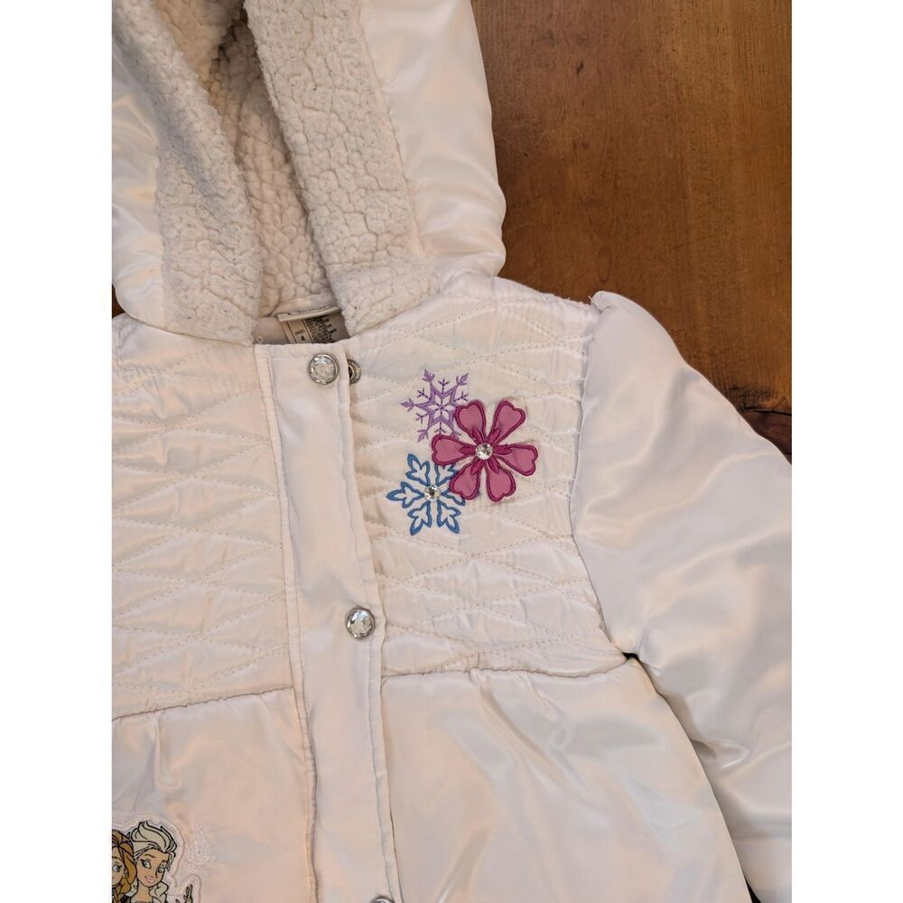 Disney Frozen Jacket Girls 4 White Hooded Quilted Puffer Coat Elsa Anna Fleece - Picture 3 of 5